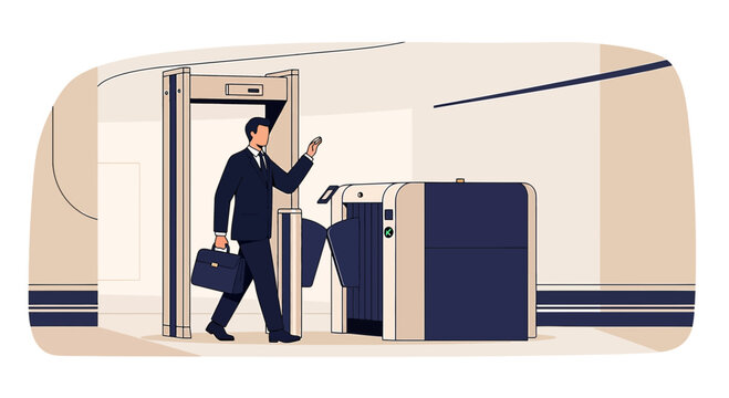Man In Suit Passes Security Gate With Briefcase And Phone