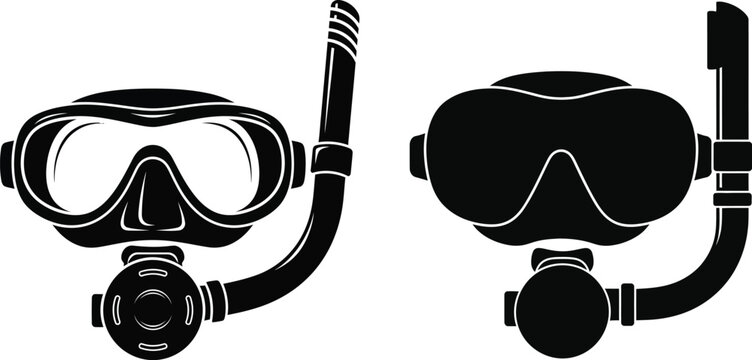 Black silhouette of scuba diving mask and snorkel set on a white background