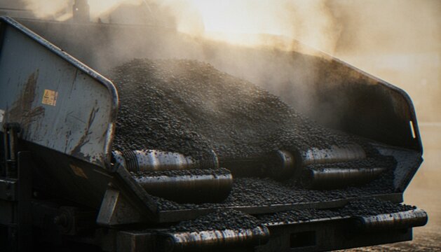 A close-up view of an asphalt paver machine dumping hot, steaming black asphalt onto a road surface during a construction project.