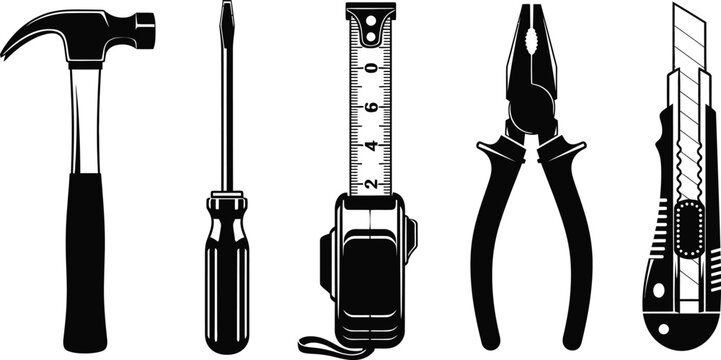 Black silhouettes of common hand tools including hammer screwdriver tape measure pliers and utility knife