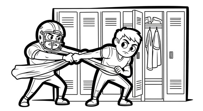 Cartoon boys playfully dueling with paper swords near lockers.