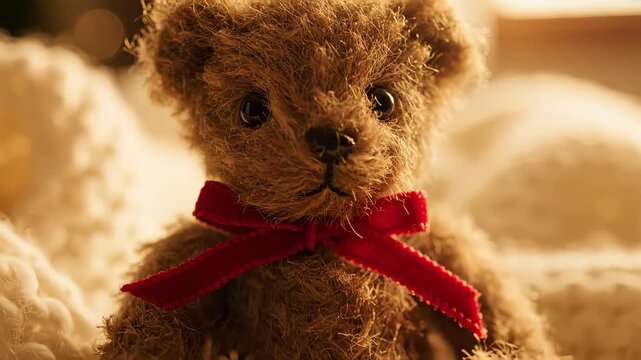 Close-up of a small brown teddy bear with a red ribbon sitting on a white knit blanket. Warm and cozy indoor lighting highlighting the plush toy