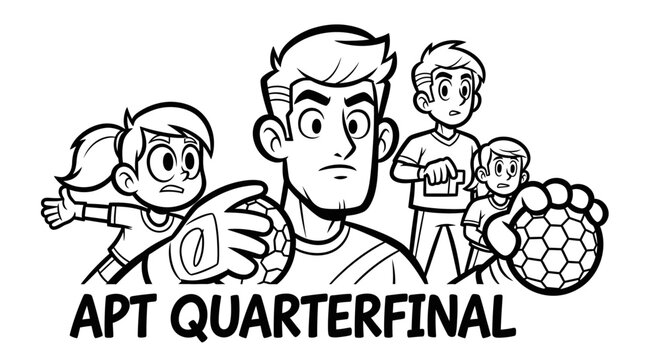 Cartoon characters celebrating apt quarterfinal sports event.