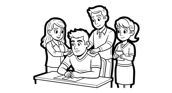 Supportive group of students helping classmate with studies.
