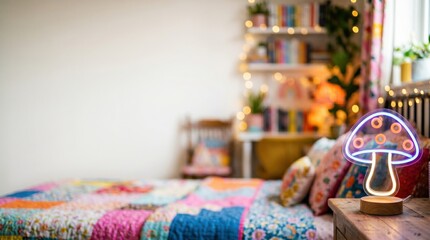 Fototapeta premium Cottagecore bedroom aesthetic, mushroom neon light on nightstand with colorful quilt