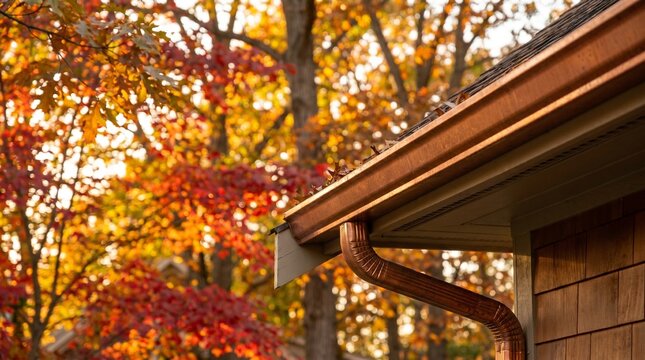 Copper Roof Gutter on House with Autumn Leaves Background