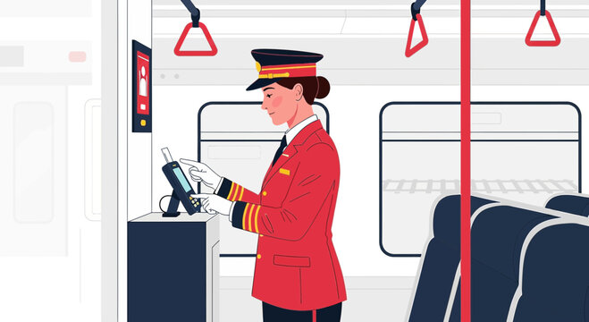 Female Train Conductor Checking Ticket on Modern Passenger Train