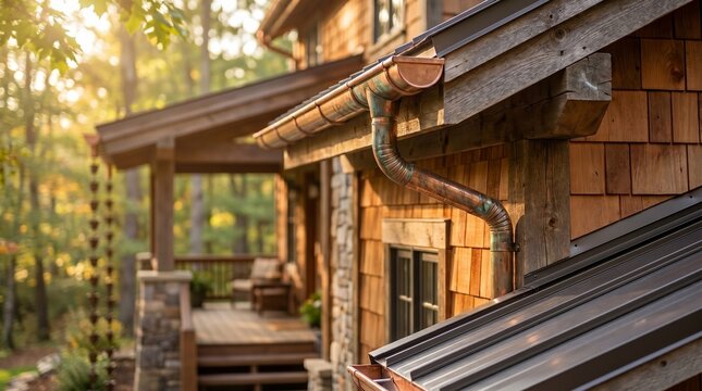 Premium Copper Gutter on Rustic House Exterior at Golden Hour