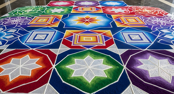 Large colorful geometric rangoli pattern on floor for festival celebration.