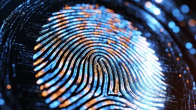 Glowing digital fingerprint scan represented by blue and orange light particles on a dark background