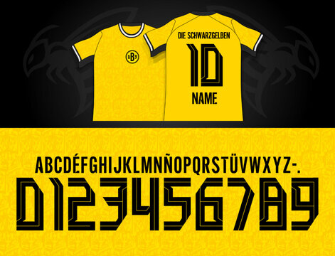 Borussia Dortmund font vector team 2026 - 2027 kit sport style font. football style font with lines. bvb and bundesliga. retro font soccer.sports style letters and numbers for soccer team, germany fon