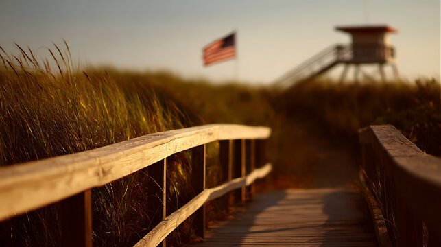 Coastal boardwalk path through high grass dunes to a distant lifeguard tower under a soft sky, evoking summer and seaside adventure