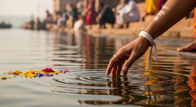Eco spiritual river ritual, hand touching water surface with floral offerings