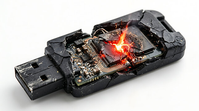 Isolated burnt out USB flash drive on white background, technology failure concept