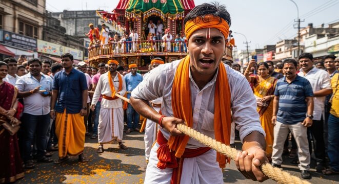 Spiritual labor and physical devotion, man pulling rope during religious festival