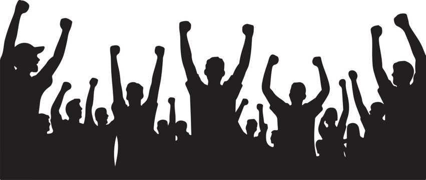 Silhouette of a cheering crowd with raised hands