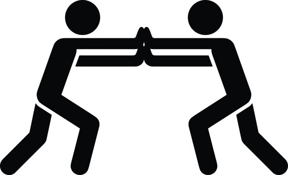 Two human figures in wrestling or teamwork stance silhouette, symbolizing strength, cooperation, competition, and physical balance in sports or fitness concept