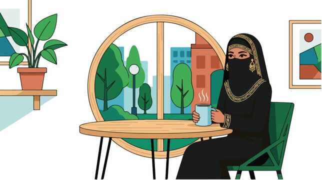 Woman in niqab sits at round table with coffee cup indoors