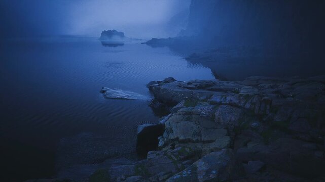 Twilight coastal inlet revealing hidden cove, sharp rock formations framing shallow tidal pool, whispering foam and distant mast silhouette, cool indigo palette