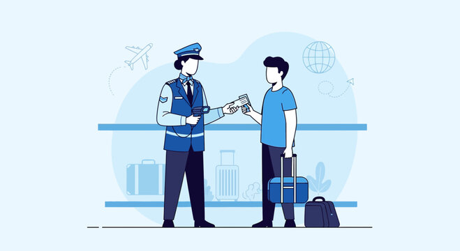 Airport Passport Control - Officer Checks Traveler's Documents