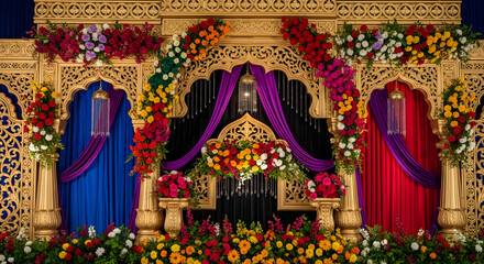 Obraz premium Luxurious Indian wedding stage backdrop with colorful flowers and drapes.