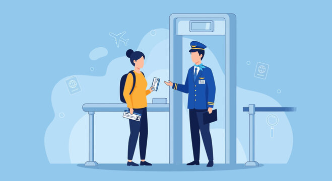 Airport Security Check - Traveler and Officer at Metal Detector