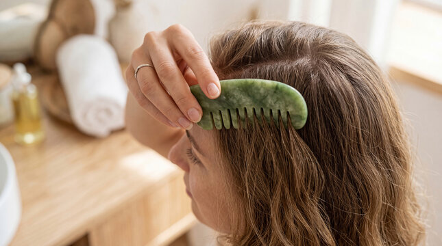 Woman using jade stone comb for head massage. Self-care routine with gua sha tool for scalp health and blood circulation. Relaxing beauty procedure, holistic wellness and hair care.