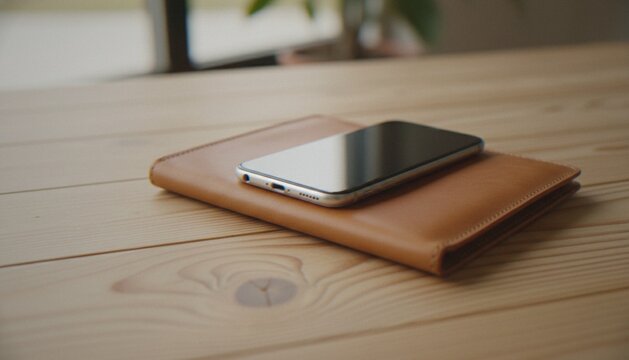 A close-up shot of a smartphone resting on top of a brown leather notebook or folder, placed on a light-colored wooden table.