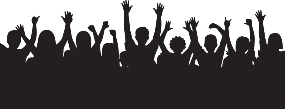 Silhouette of a cheering crowd with raised hands, celebrating or protesting