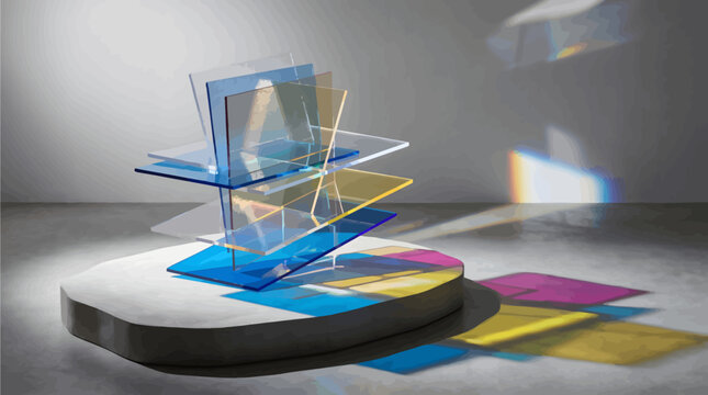 Geometric abstract display featuring stacked semi transparent colorful acrylic glass sheets catching bright prism light flares