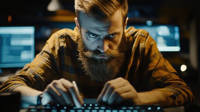 Focused developer intensely coding complex software algorithm on dark background