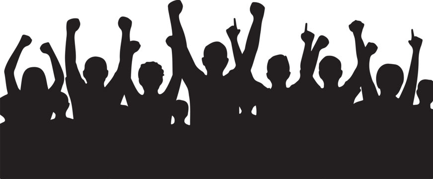 Silhouette of a cheering crowd with hands raised up in the air