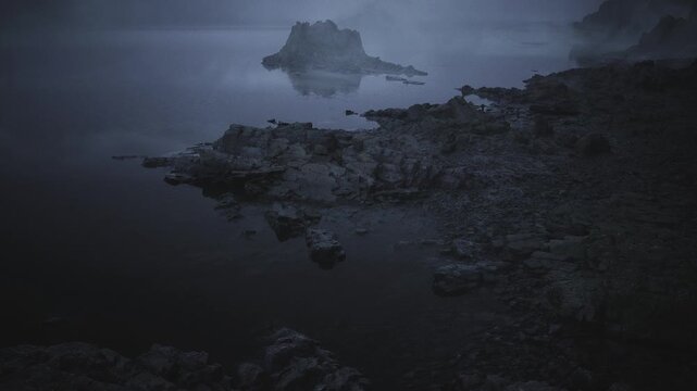 Dark sea with jagged rocks. Foreboding shoreline beneath brewing storm clouds. Gloomy coastline with turbulent waters and sharp rocks looming