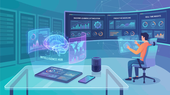 Advanced cyber security workspace with smart home device hud interfaces global maps and artificial intelligence network metrics