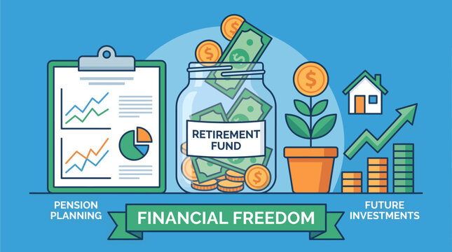 Financial freedom flat design retirement savings concept banner with clipboards investment jars and growing money trees