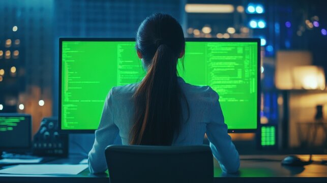 Female IT professional coding on a desktop computer with green screen at night