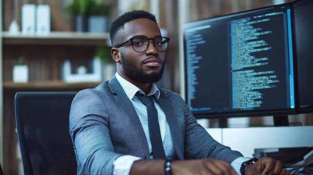 Confident African American Software Engineer in Suit Working on Dual Monitors