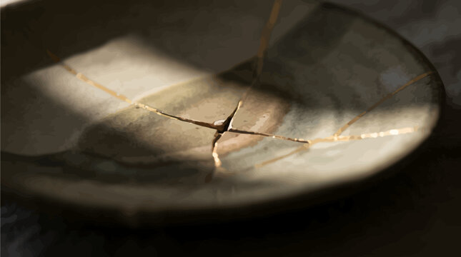 Macro close up of fractured gold kintsugi crack on dark textured ceramic pottery surface abstract backdrop