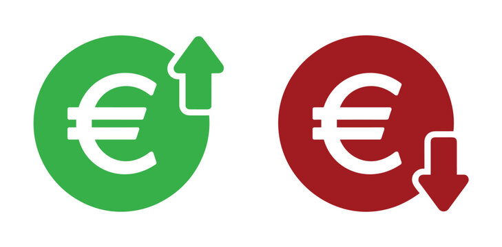 Euro Sign with Up and Down Arrows. Two circular icons, one green with a Euro symbol and an upward arrow, and one red with a Euro symbol and a downward arrow, visually represent financial fluctuations.