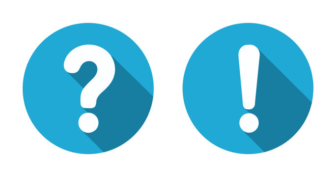 Question Mark and Exclamation Mark Icons. Two blue circles with flat design shadow, one containing a white question mark and the other a white exclamation mark, symbolizing inquiry and emphasis.