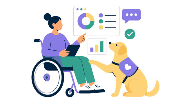 Person in wheelchair with service dog analyzing data charts.