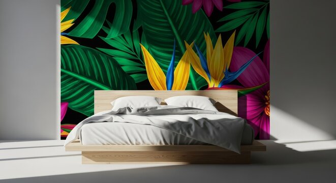 A serene minimal bedroom features a low bed and striking botanical wall, accented by dramatic deep shadows and soft natural daylight rays, vertical, cozy, light