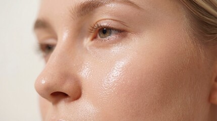 Fototapeta premium Woman face with glowing healthy skin. Close up portrait of girl with natural beauty and radiant complexion. Skincare product effect and dermatologist medical treatment concept.