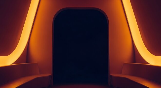 Modern interior lounge featuring sleek curved walls illuminated by vibrant amber neon glow set against deep indigo atmospheric shadows, lounge, geometric, interior