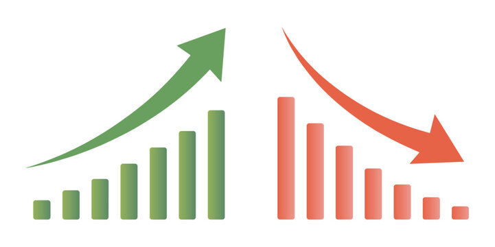 Market Trend Volatility. This graphic illustrates the contrasting forces of market growth and decline, represented by upward green arrows and bars, and downward red arrows and bars.