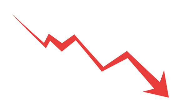 Downward Trend Arrow. A stark red arrow zigzags downward, symbolizing a sharp decline in a market or trend. It visually represents loss, decrease, or negative performance.