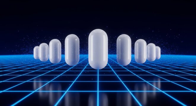 Sleek white oval capsules hover silently within a dark infinite space filled with glowing grid lines and soft neon blue particles of data, cyberspace, grid, pods