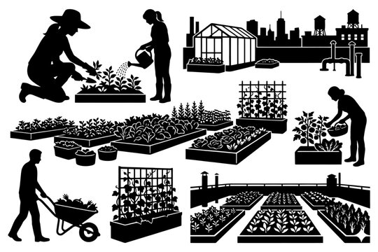 Silhouette urban gardening: diverse people engaged in city rooftop farming activities.
