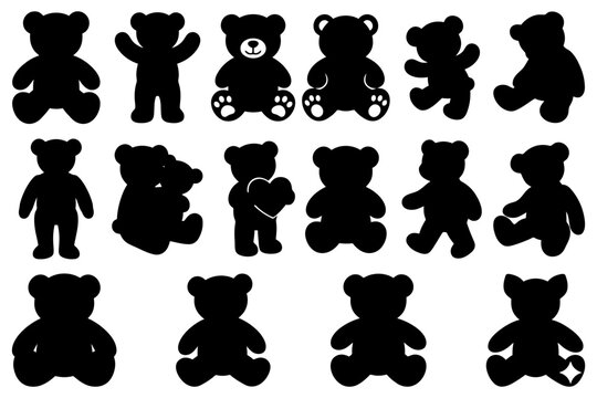 Silhouette collection of various teddy bear poses in black and white.