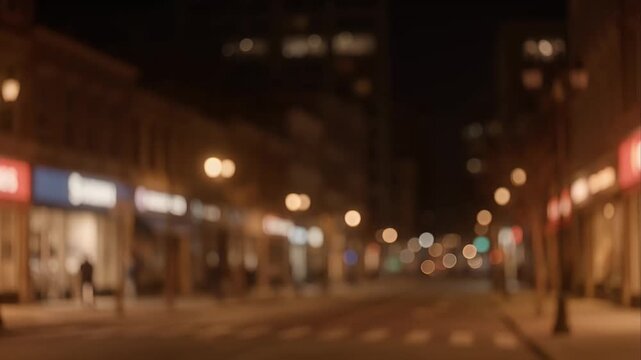 Urban Night Bokeh City street night bokeh blur downtown urban empty lights sidewalk quiet atmosphere soft glow warm lamp storefront building with blur city night street light bokeh downtown urban